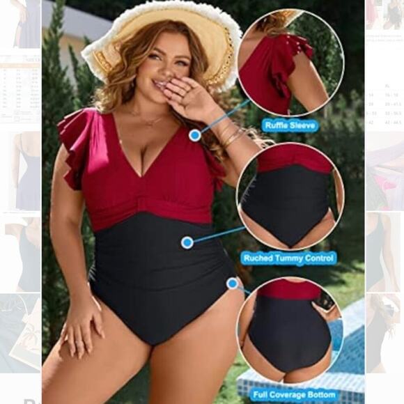 Blooming Jelly Swimsuit Women 3XL Red & Black Ruffle Full Coverage Tummy Control - Picture 2 of 4